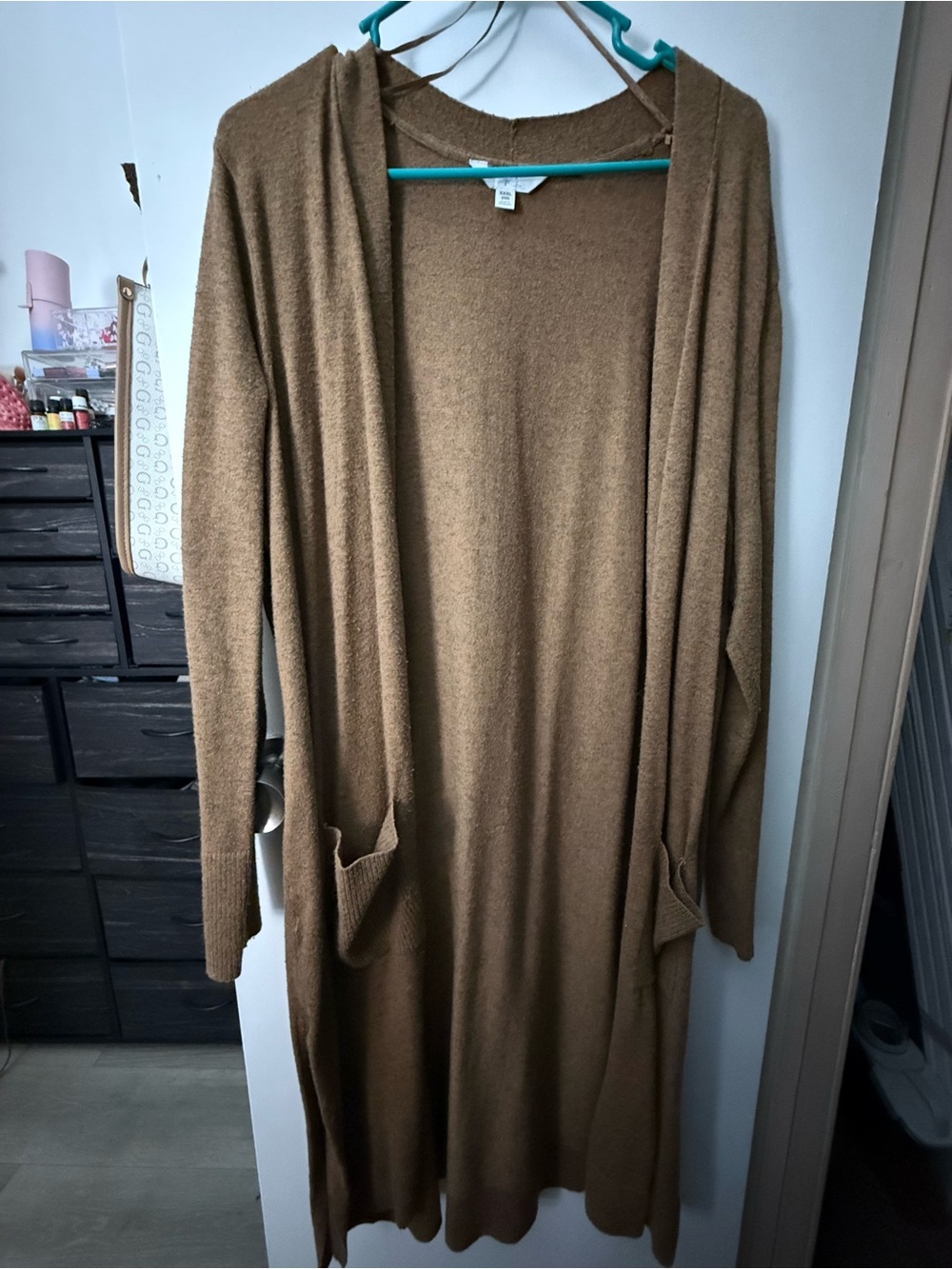 Time and Tru Long Open-Front Cardigan in Camel Brown